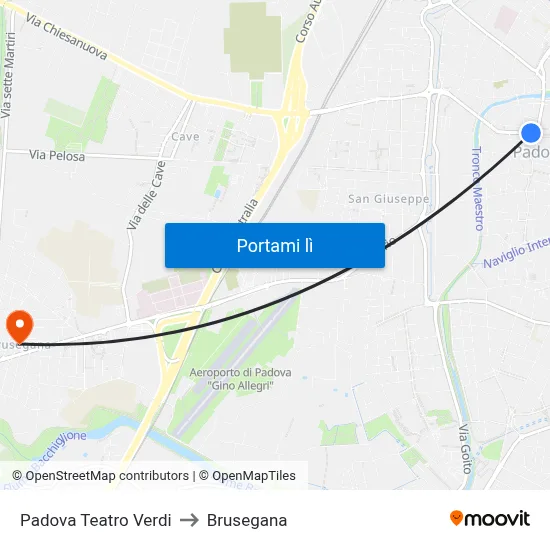 Padova Teatro Verdi to Brusegana map