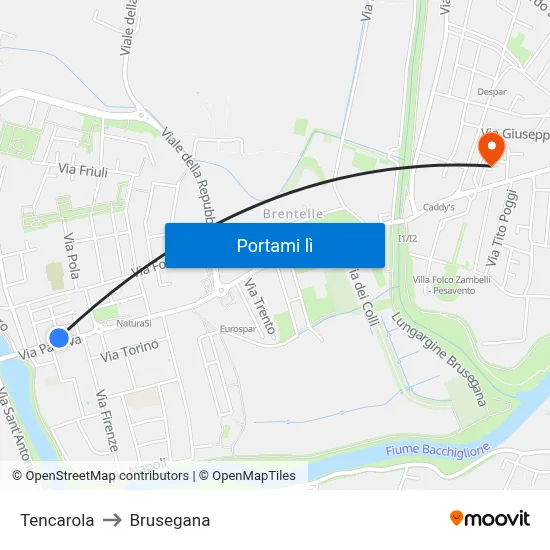 Tencarola to Brusegana map