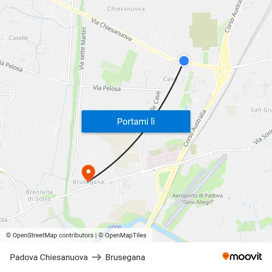Padova Chiesanuova to Brusegana map