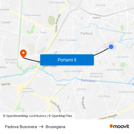 Padova Busonera to Brusegana map