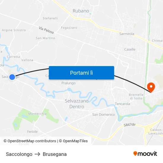 Saccolongo to Brusegana map