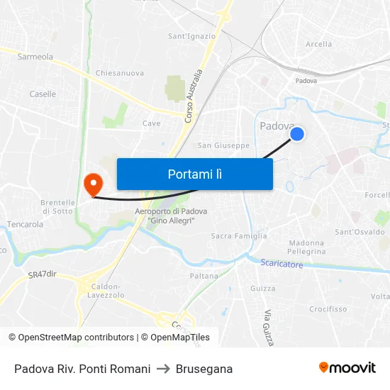 Padova Riv. Ponti Romani to Brusegana map