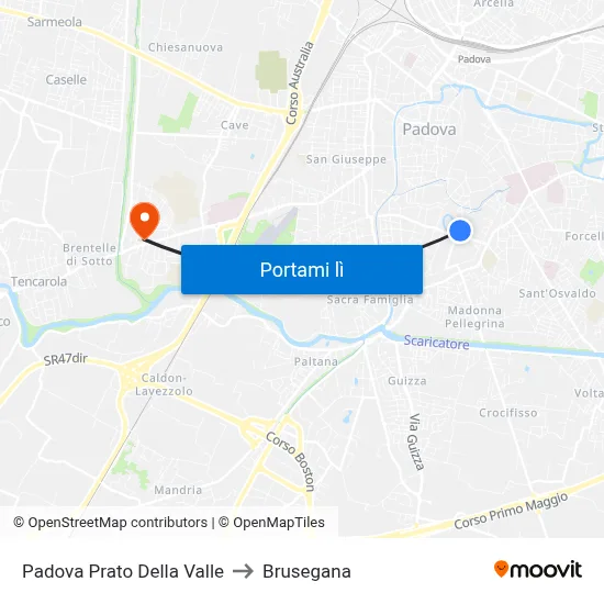 Padova Prato Della Valle to Brusegana map