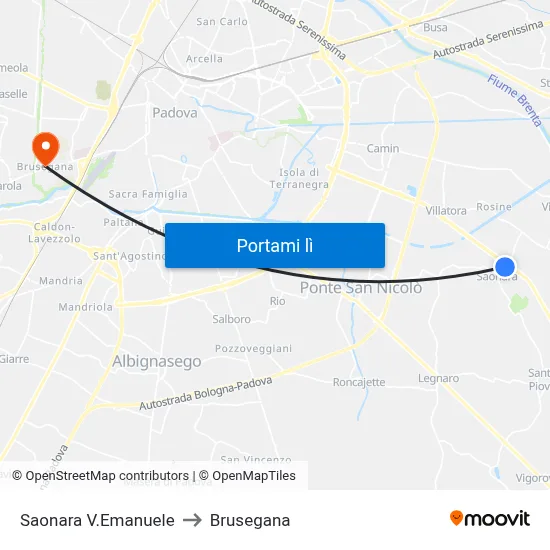Saonara V.Emanuele to Brusegana map