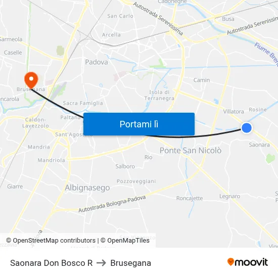 Saonara Don Bosco R to Brusegana map