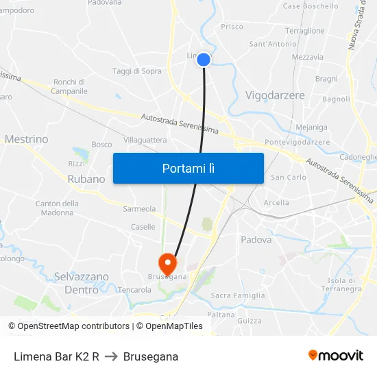 Limena Bar K2 R to Brusegana map