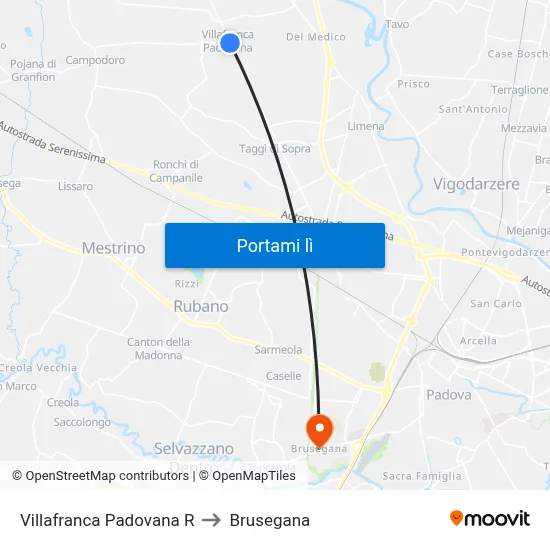 Villafranca Padovana R to Brusegana map