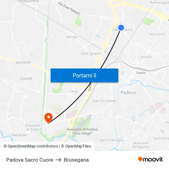 Padova Sacro Cuore to Brusegana map