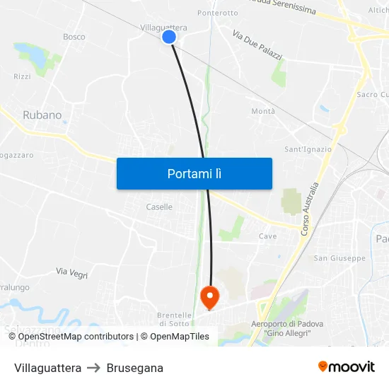 Villaguattera to Brusegana map
