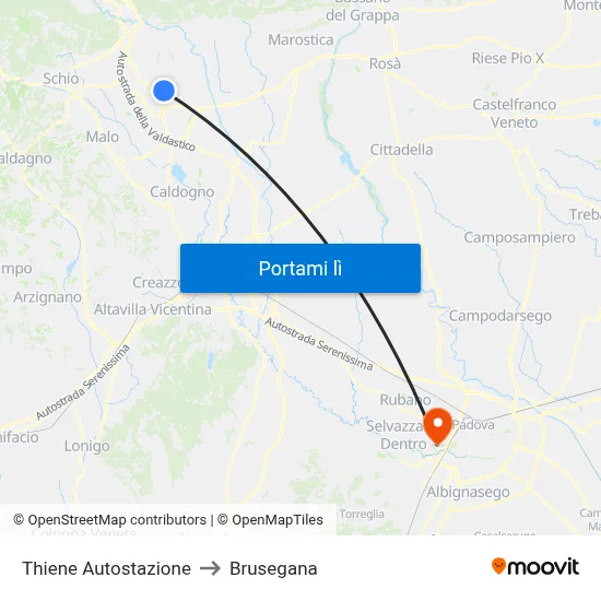 Thiene Autostazione to Brusegana map