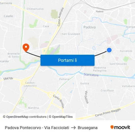 Padova Pontecorvo - Via Facciolati to Brusegana map