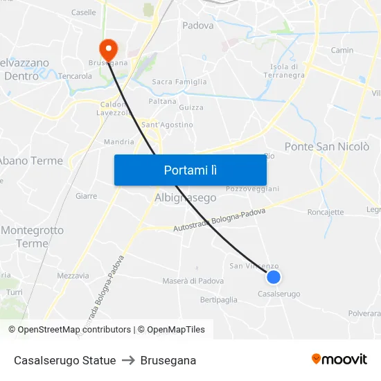 Casalserugo Statue to Brusegana map