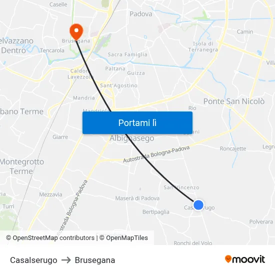 Casalserugo to Brusegana map