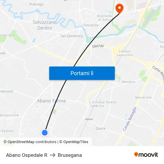 Abano Ospedale R to Brusegana map