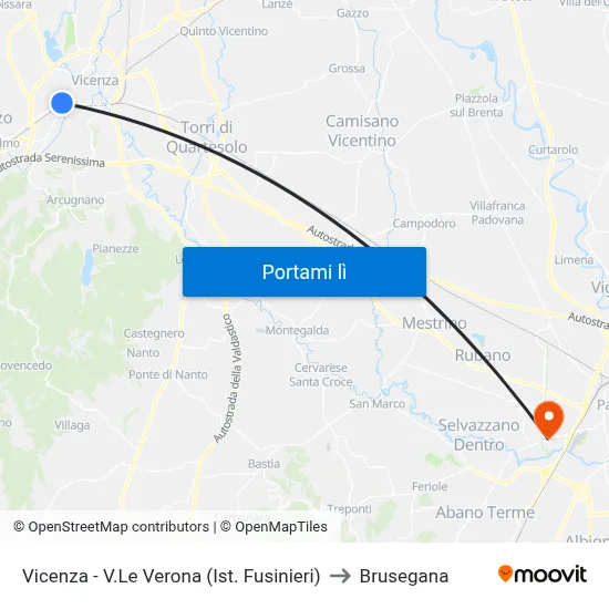 Vicenza - V.Le Verona (Ist. Fusinieri) to Brusegana map