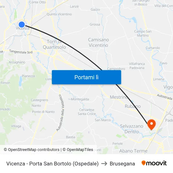 Vicenza - Porta San Bortolo (Ospedale) to Brusegana map