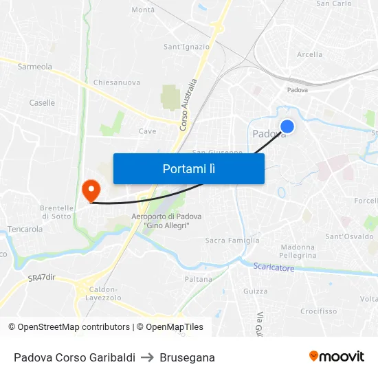 Padova Corso Garibaldi to Brusegana map