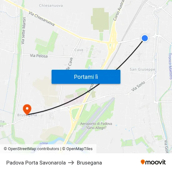 Padova Porta Savonarola to Brusegana map