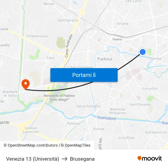 Venezia 13 (Università) to Brusegana map