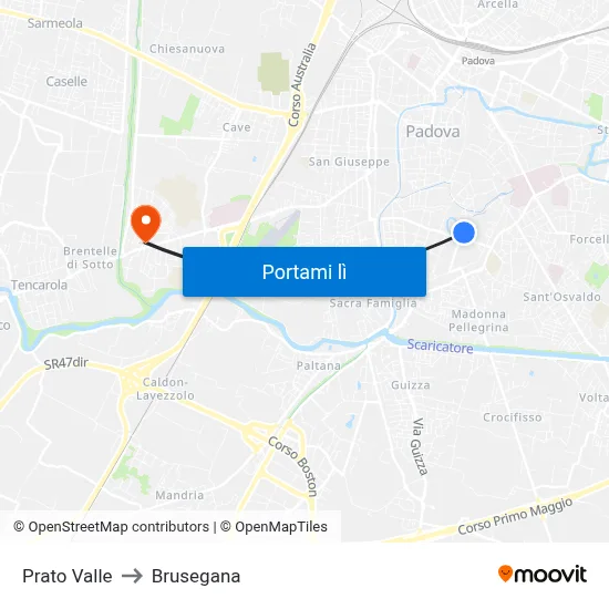 Prato Valle to Brusegana map