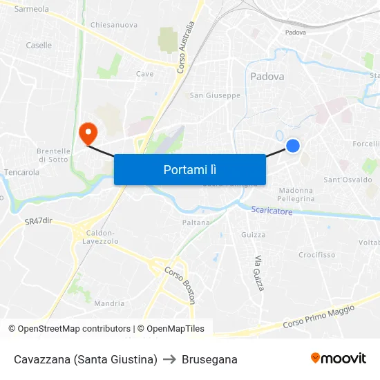 Cavazzana (Santa Giustina) to Brusegana map