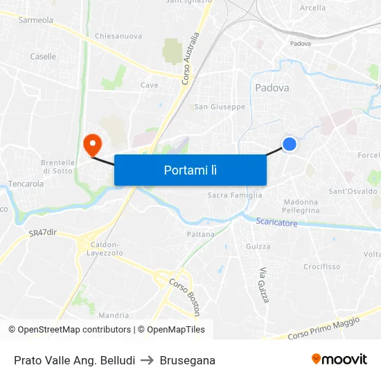 Prato Valle Ang. Belludi to Brusegana map