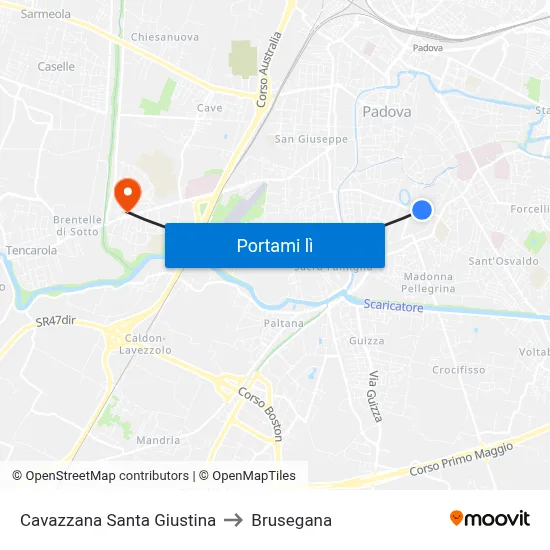 Cavazzana Santa Giustina to Brusegana map