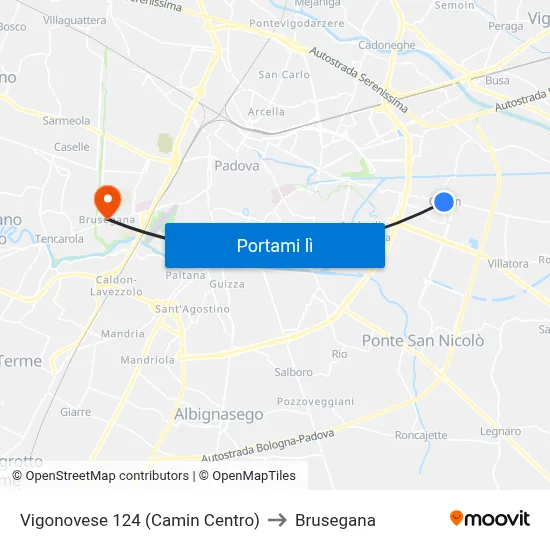 Vigonovese 124 (Camin Centro) to Brusegana map