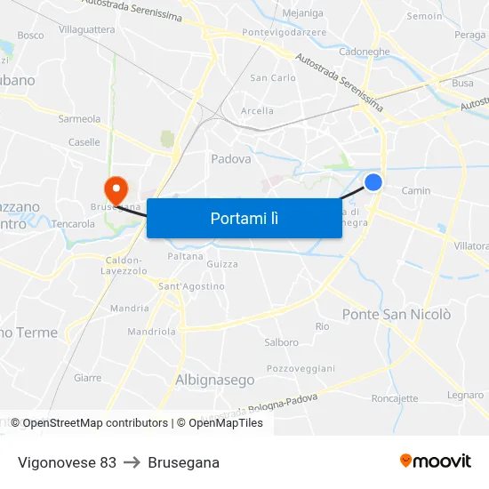 Vigonovese 83 to Brusegana map