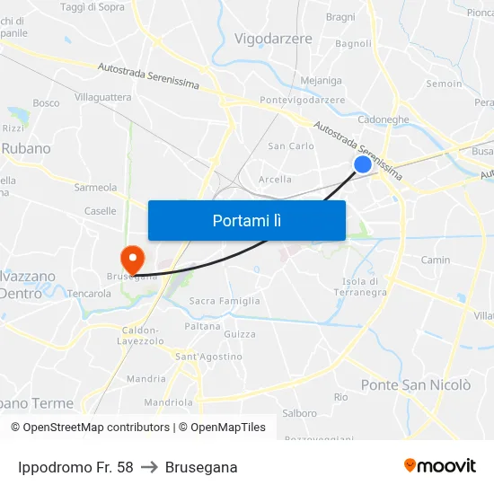 Ippodromo Fr. 58 to Brusegana map