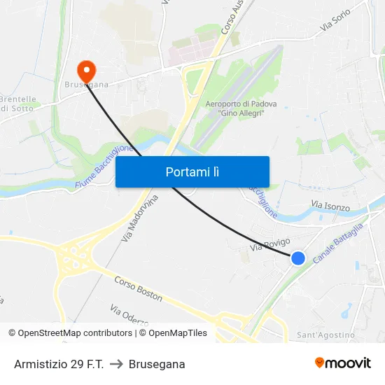 Armistizio 29 F.T. to Brusegana map
