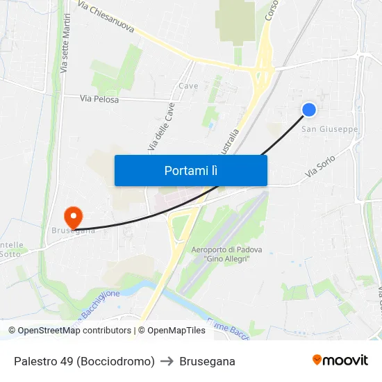 Palestro 49 (Bocciodromo) to Brusegana map