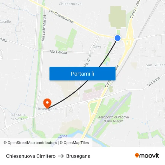 Chiesanuova Cimitero to Brusegana map