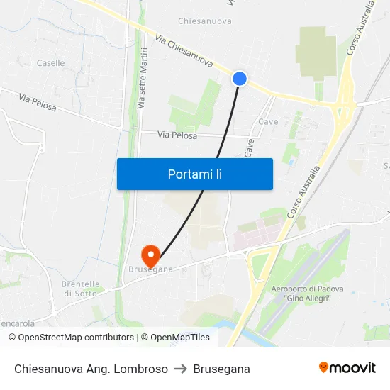 Chiesanuova Ang. Lombroso to Brusegana map