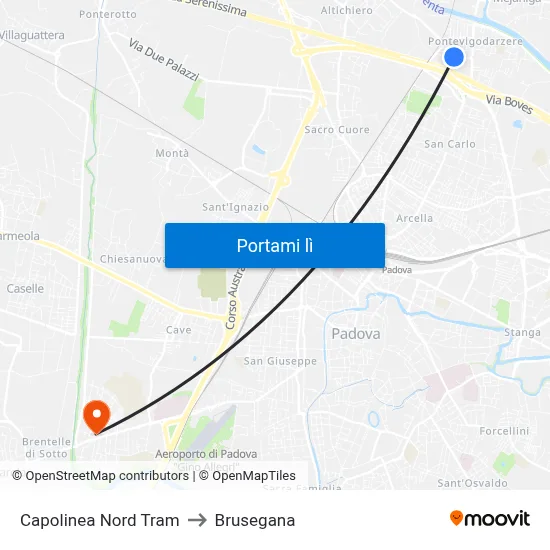 Capolinea Nord Tram to Brusegana map