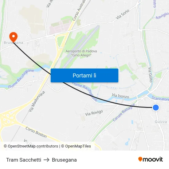 Tram Sacchetti to Brusegana map