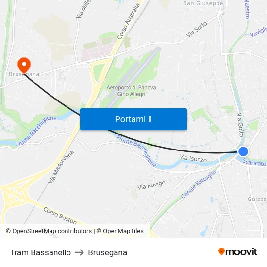 Tram Bassanello to Brusegana map