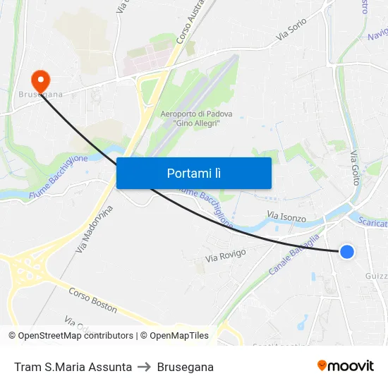 Tram S.Maria Assunta to Brusegana map