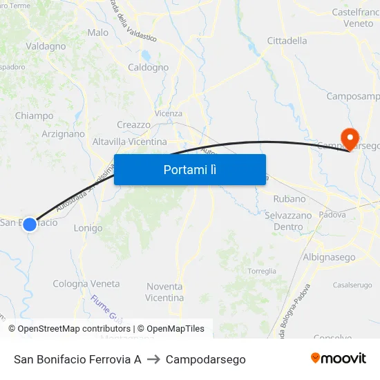 San Bonifacio Ferrovia A to Campodarsego map