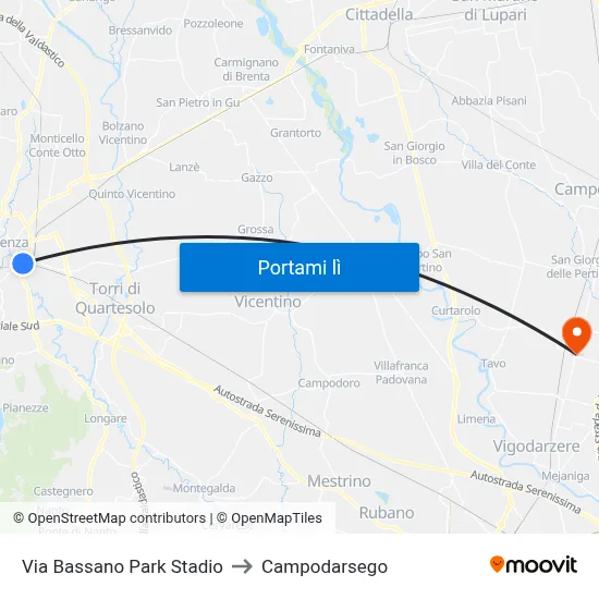 Via Bassano Park Stadio to Campodarsego map