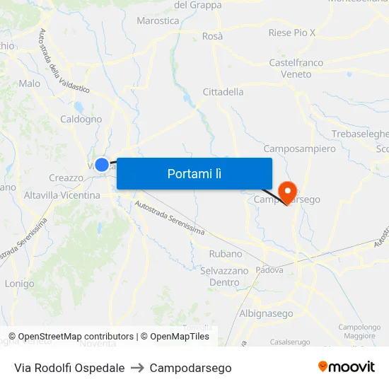 Via Rodolfi Ospedale to Campodarsego map