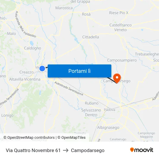 Via Quattro Novembre 61 to Campodarsego map