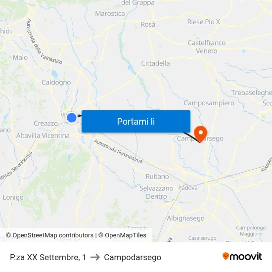 P.za XX Settembre, 1 to Campodarsego map