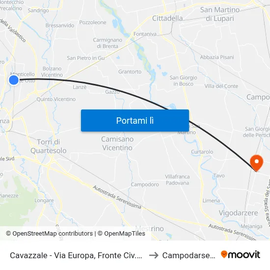 Cavazzale - Via Europa, Fronte Civ.175 to Campodarsego map