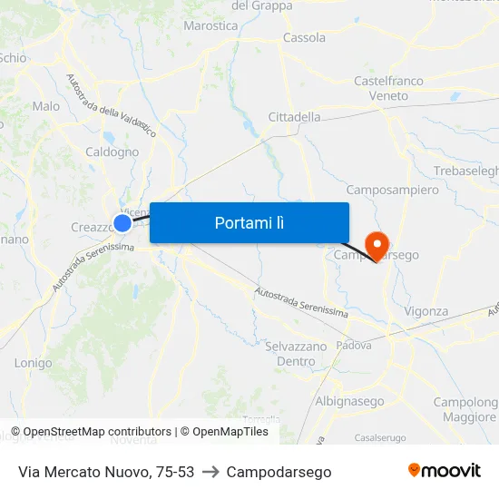 Via Mercato Nuovo, 75-53 to Campodarsego map