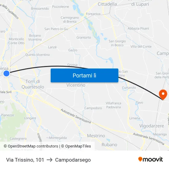 Via Trissino, 101 to Campodarsego map