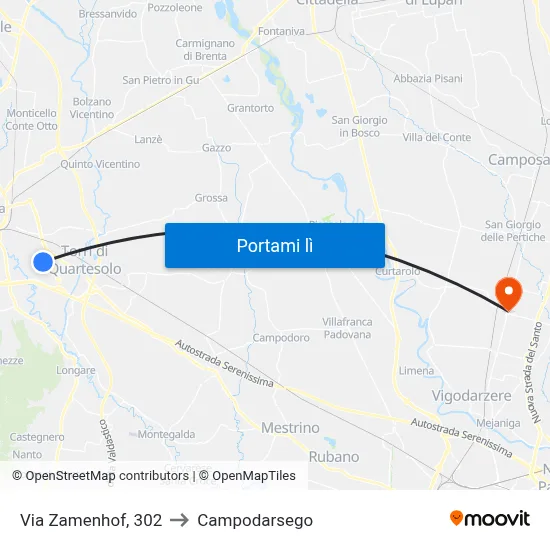 Via Zamenhof, 302 to Campodarsego map
