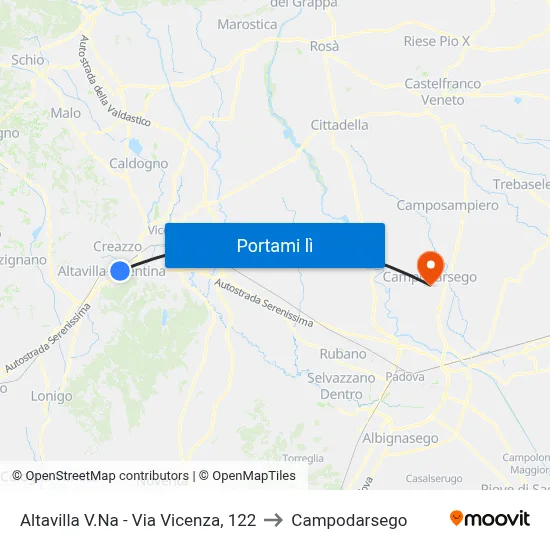 Altavilla V.Na - Via Vicenza, 122 to Campodarsego map