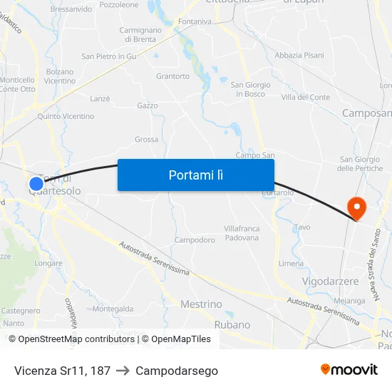 Vicenza Sr11, 187 to Campodarsego map
