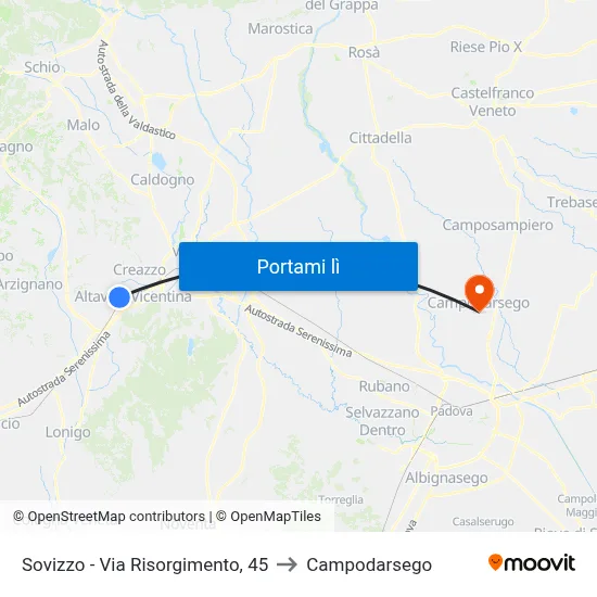 Sovizzo - Via Risorgimento, 45 to Campodarsego map